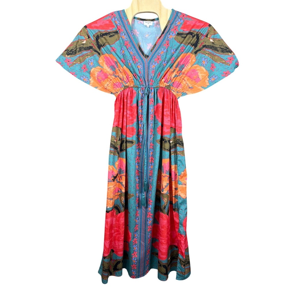 World Market Kaftan Dress Womens S/M Midi Floral Teal Red Orange World Market